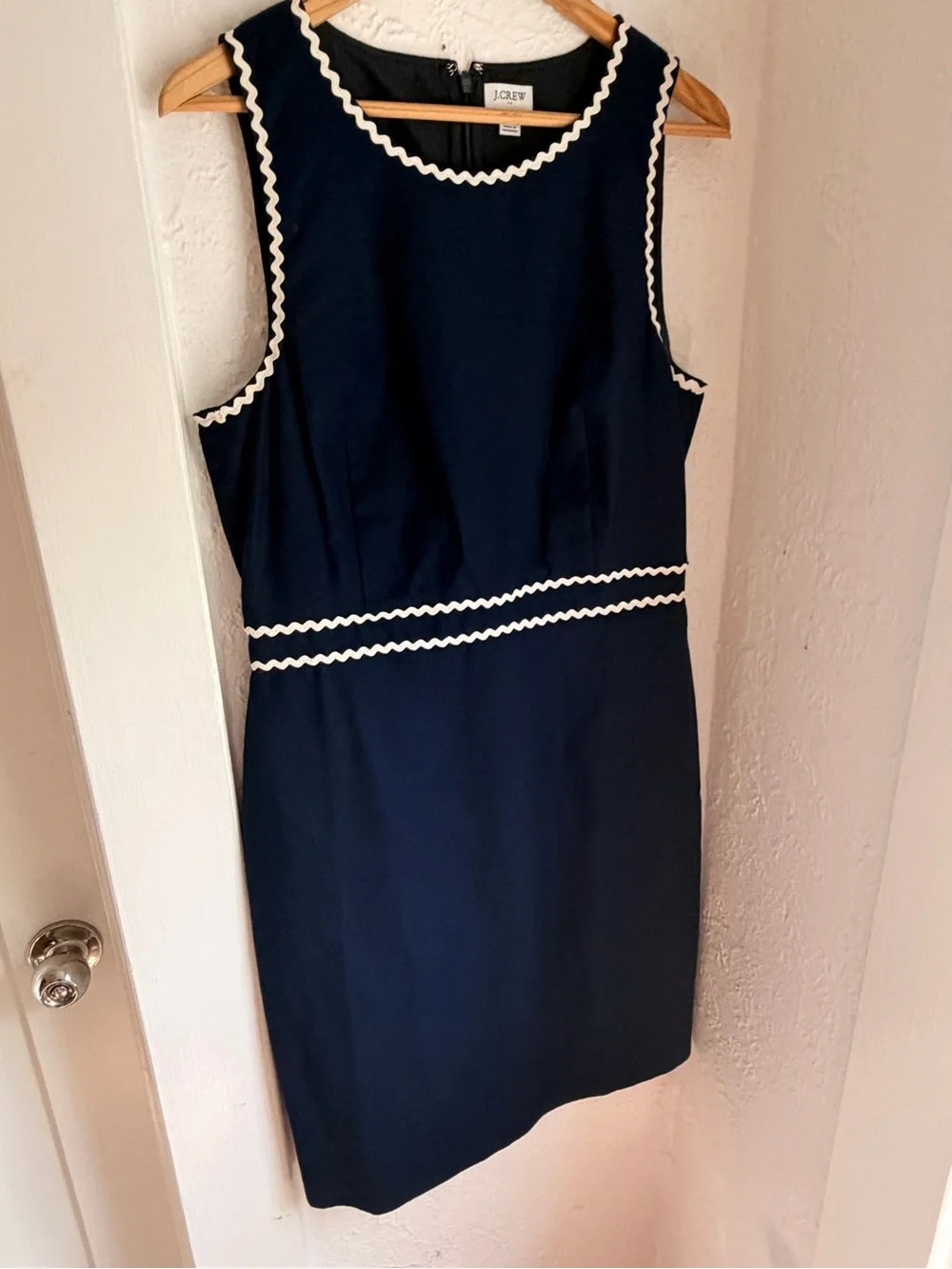 J. Crew Navy Midi Sheath Suiting Dress with White Scallop Trim